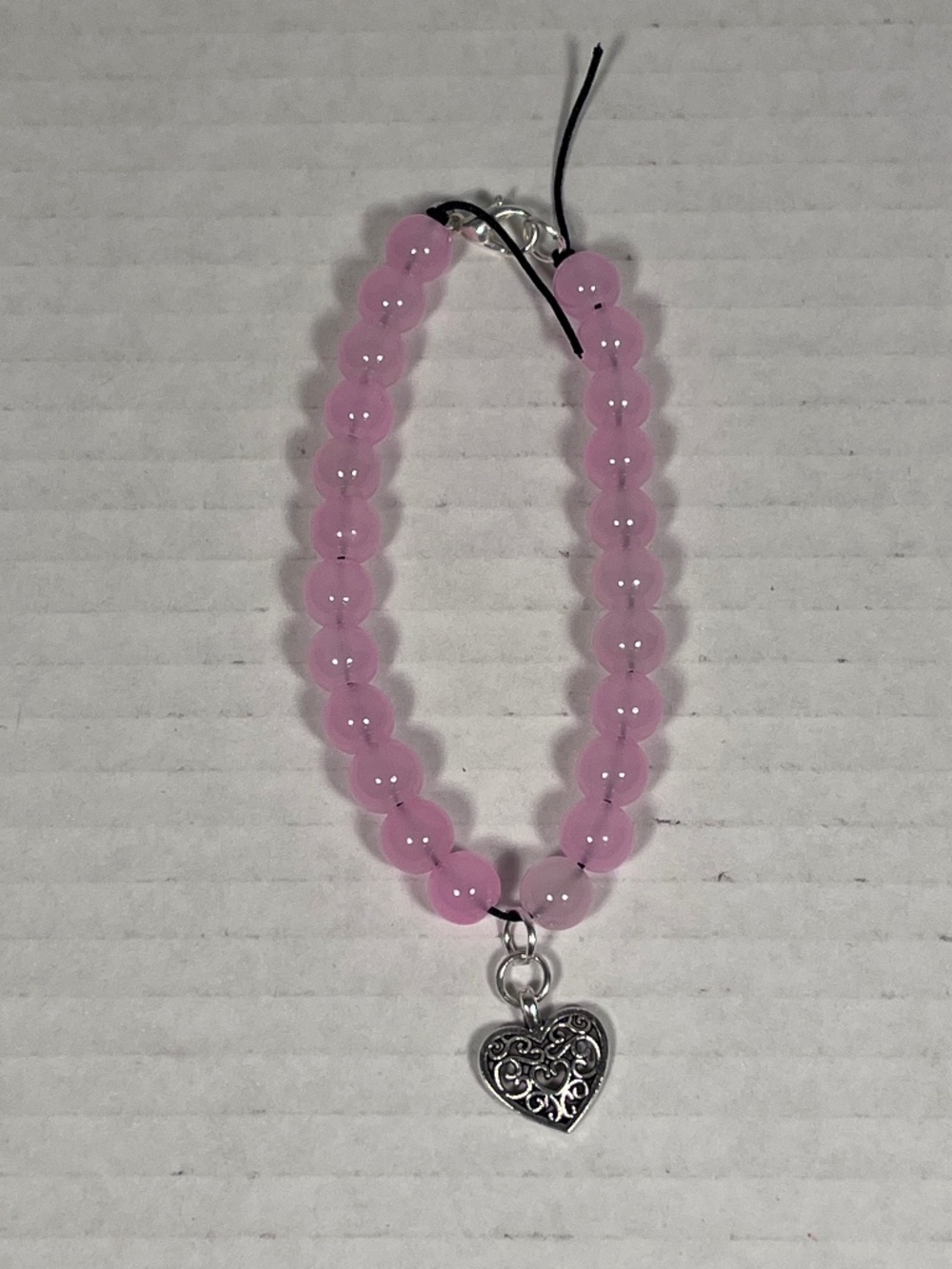 Ornate Silver Heart Light Pink Glass Bead Bracelet ~8 inches